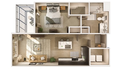 a 3d floor plan of a bedroom with a bed and a closet at Cuvee, Glendale, AZ 85305